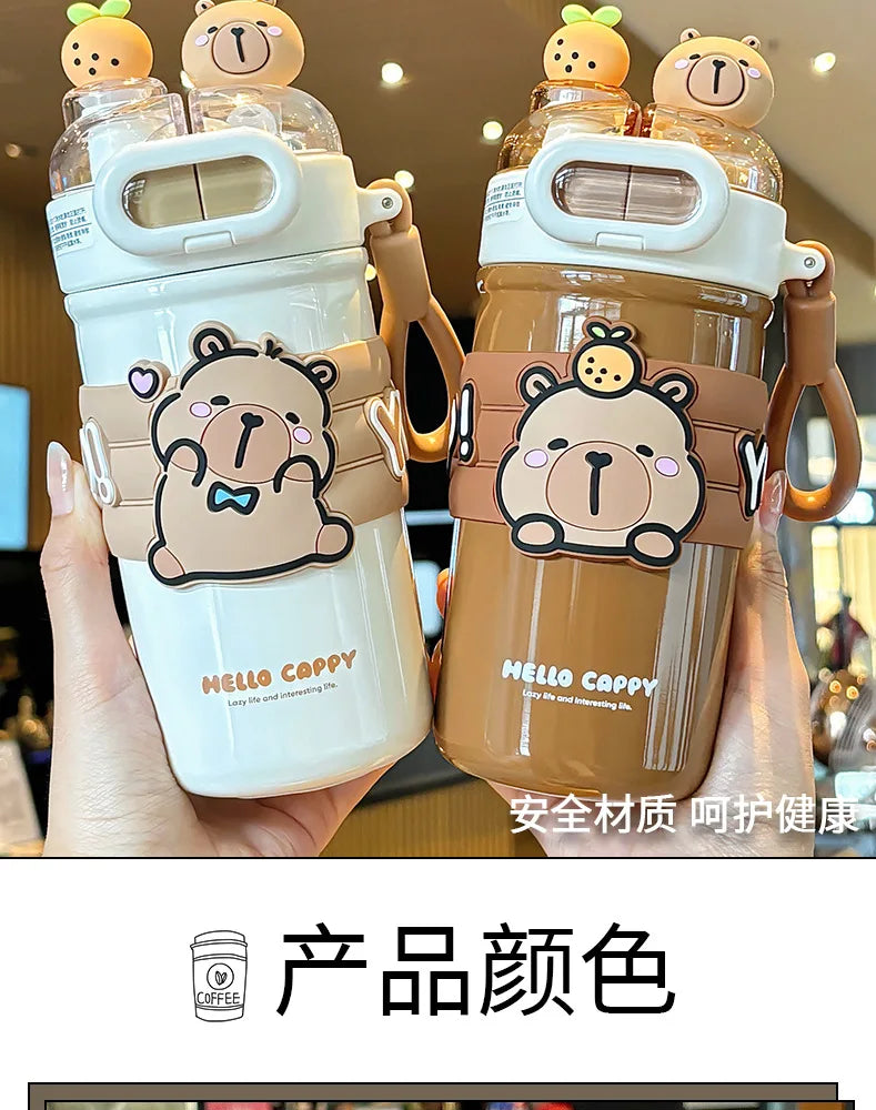 Capybara Stainless Steel Water Bottle — 520ml Vacuum Insulated with Straw