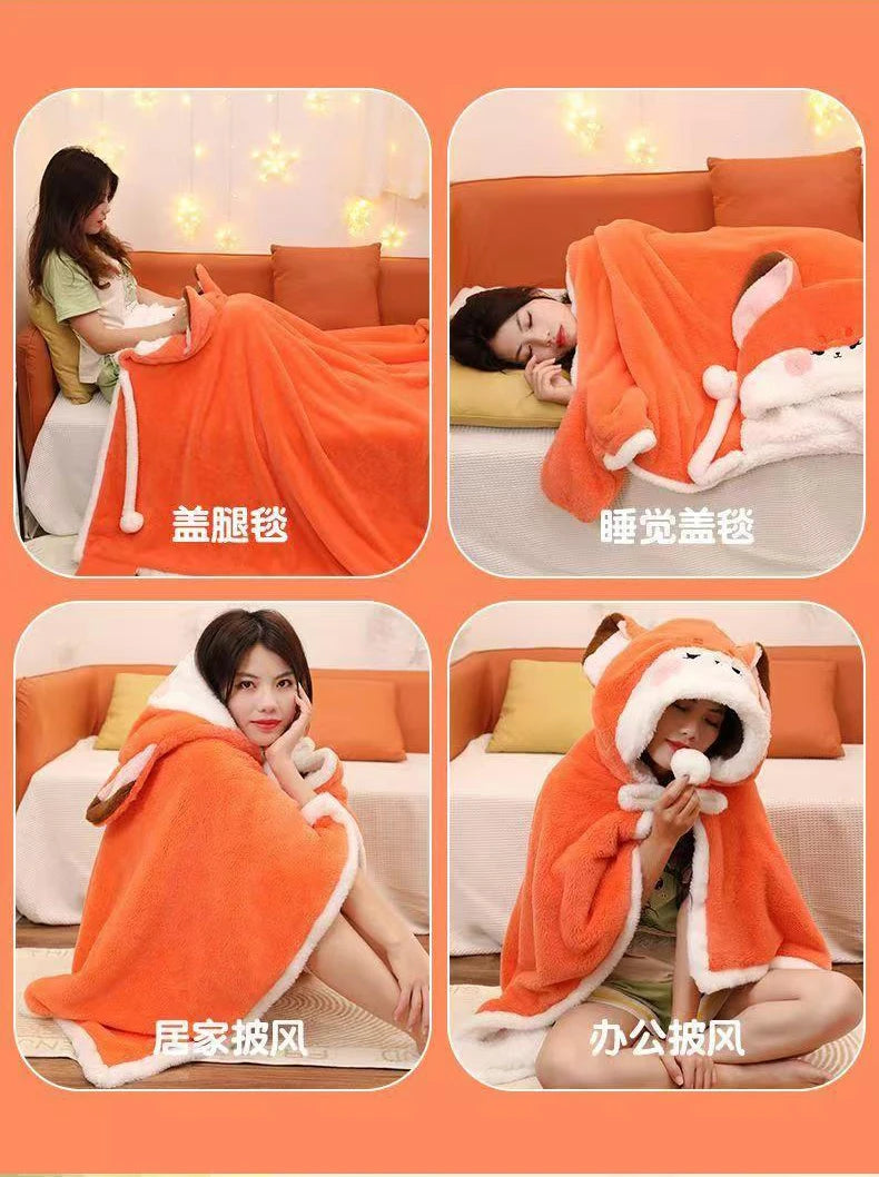 Winter Cartoon Fox Wearable Blanket Cloak — Cozy Shawl Nap Blanket