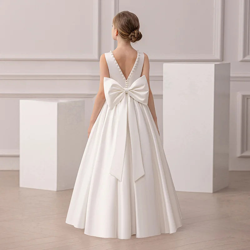 Girls Elegant Dress White Wedding Bridesmaid Prom Gown Big Bow Girls Party Dress Kids First Communion Formal Evening Vestidos