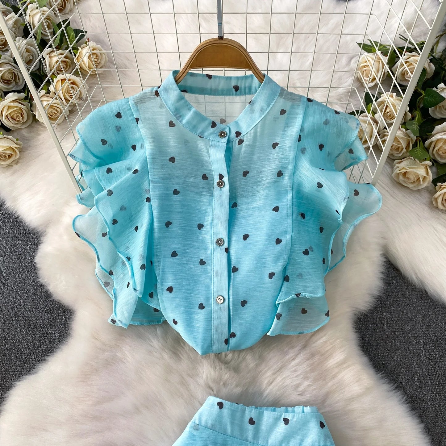 Women's French Style Sweet Chiffon Two-Piece Set — Heart Print Shirt & Flared Skirt
