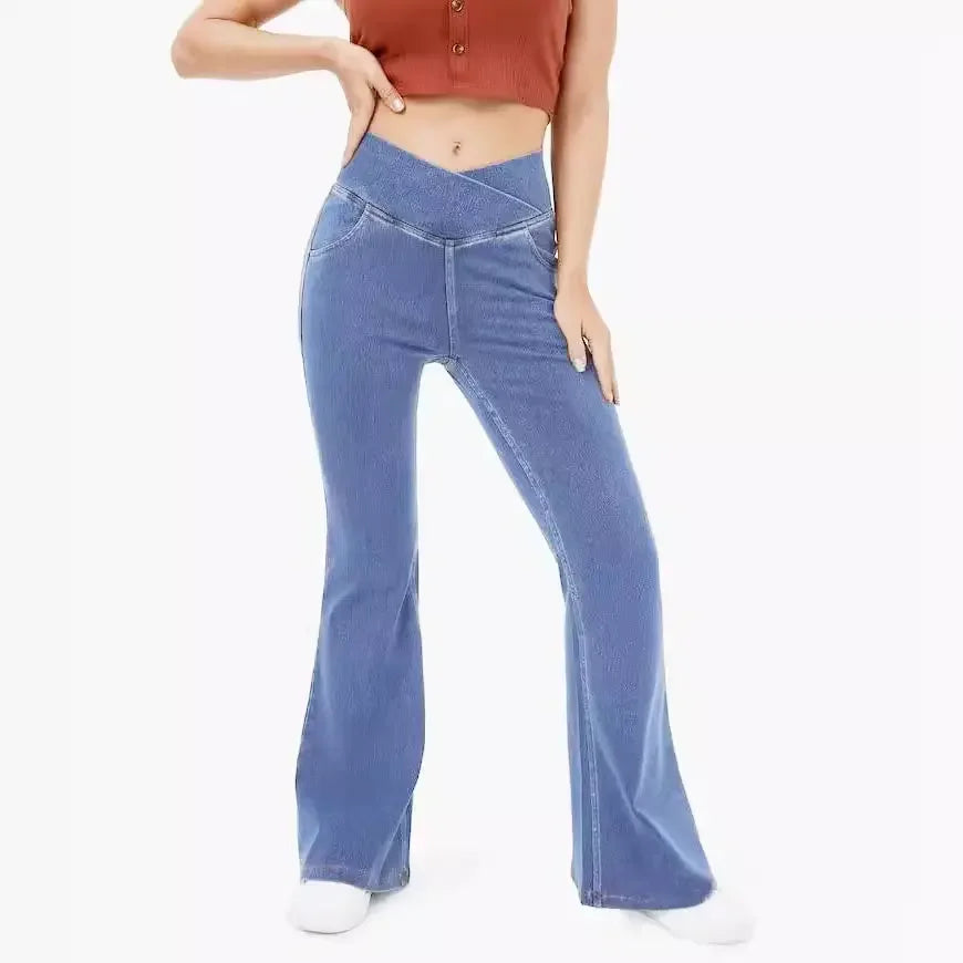 Women's High Waist Super Flare Jeans — Stretchy Knit Casual Pants