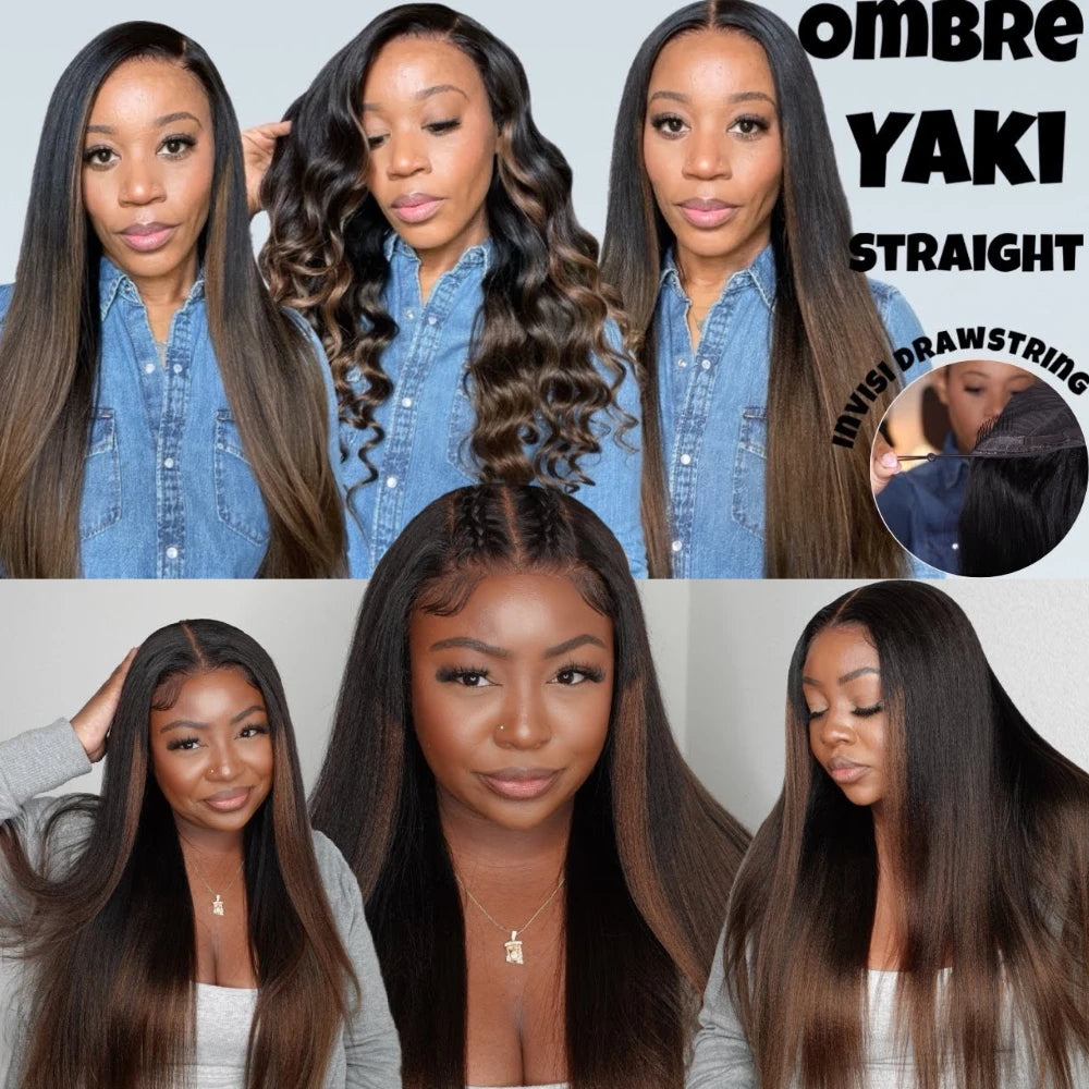 Chestnut Brown Ombre Yaki Straight Wig – 7x5 No-Slip Lace, Glueless with Drawstring
