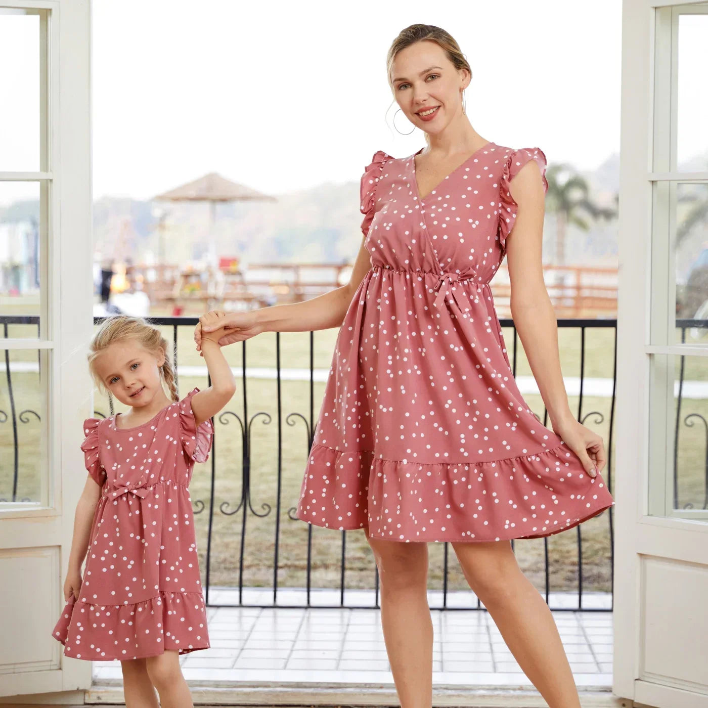 Family Matching Polka Dot Flutter-Sleeve Wrap Dress — Mom & Daughter