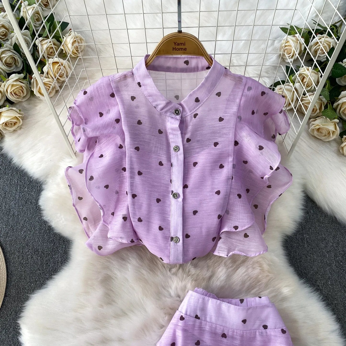 Women's French Style Sweet Chiffon Two-Piece Set — Heart Print Shirt & Flared Skirt