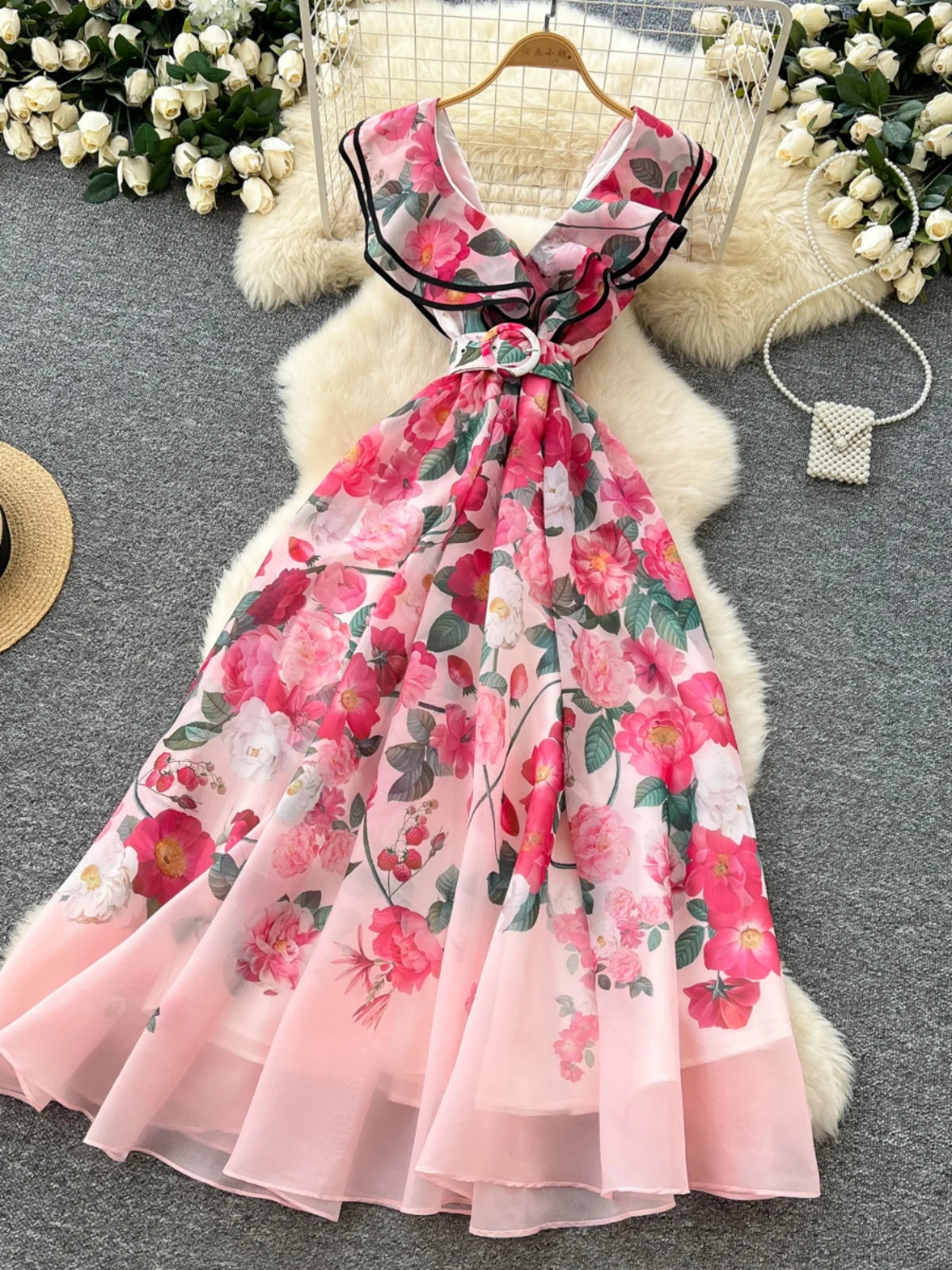 Women's French Elegant Sleeveless V-Neck Printed Dress — Ruffled A-Line Beach Boho