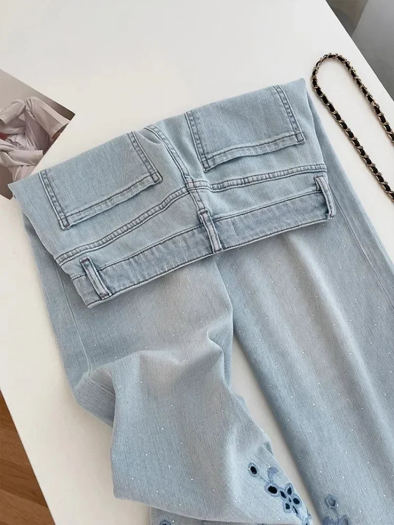 Women's High-Waist Rhinestone Embroidered Straight Jeans — Y2K Luxury Streetwear