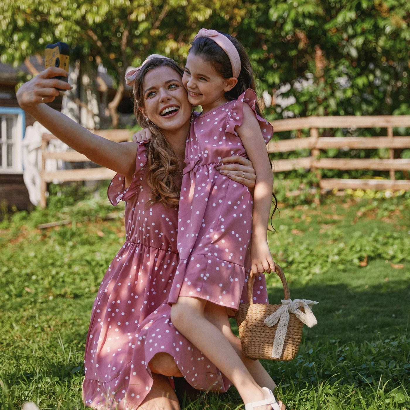 Family Matching Polka Dot Flutter-Sleeve Wrap Dress — Mom & Daughter