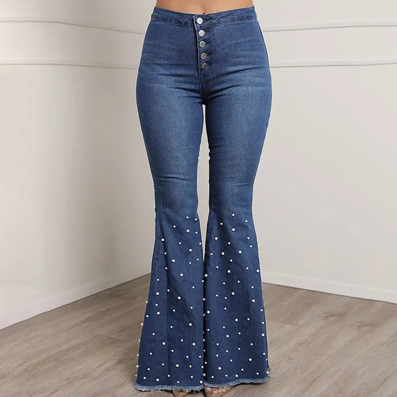 Women's High Waist Embroidered Flare Jeans — Slim Fit Distressed Denim