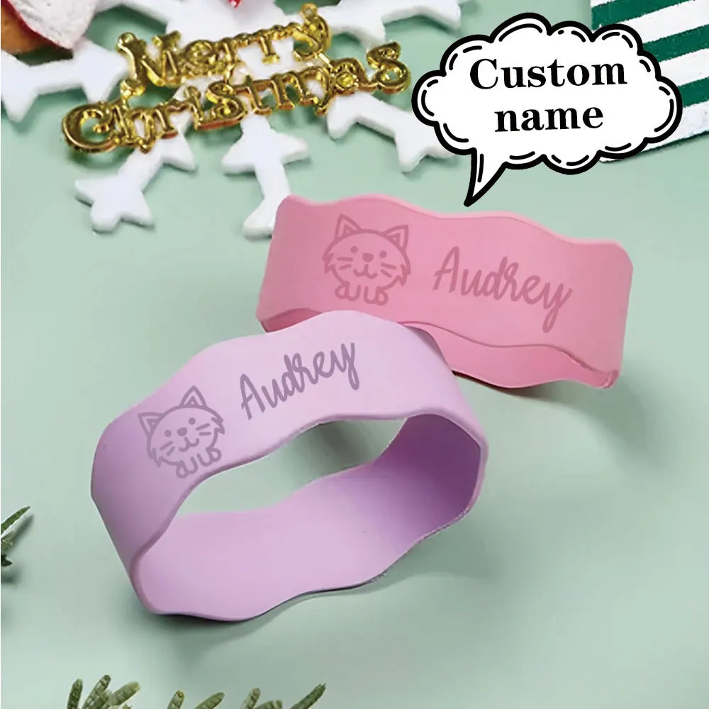 Custom Name Silicone Cup Sleeve with Cute Cat Design, Personalized Kids Water Bottle Band for School & Daycare