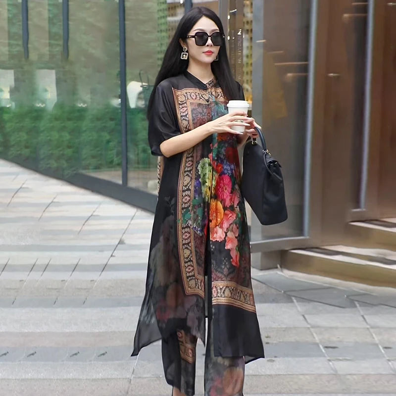 Retro Large Size Floral Print Open Cardigan & Wide Leg Pants Two-Piece Set for Women