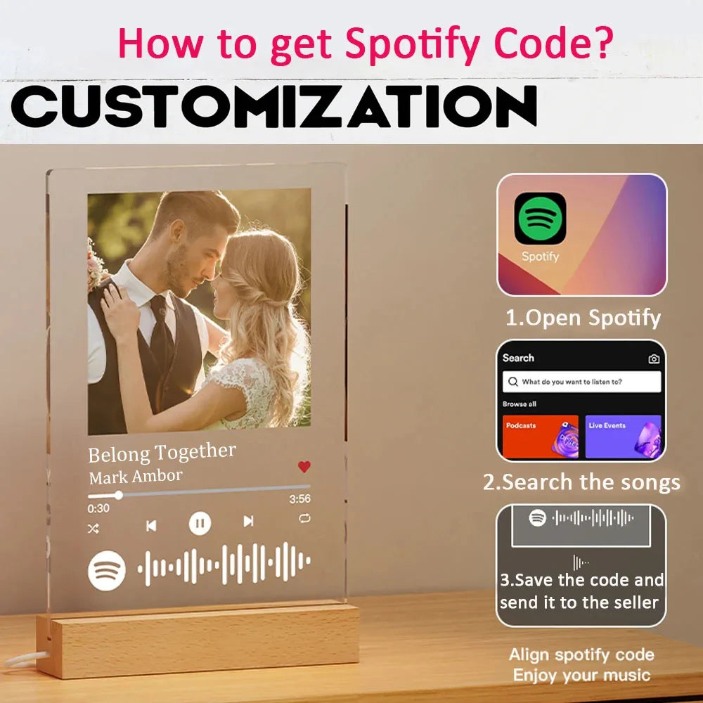 Personalized Spotify Song Plaque | Custom Acrylic Photo Frame with LED Night Light