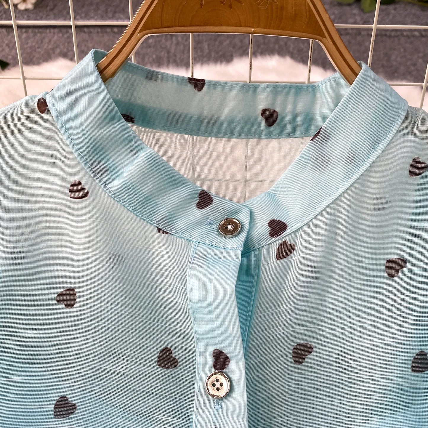 Women's French Style Sweet Chiffon Two-Piece Set — Heart Print Shirt & Flared Skirt
