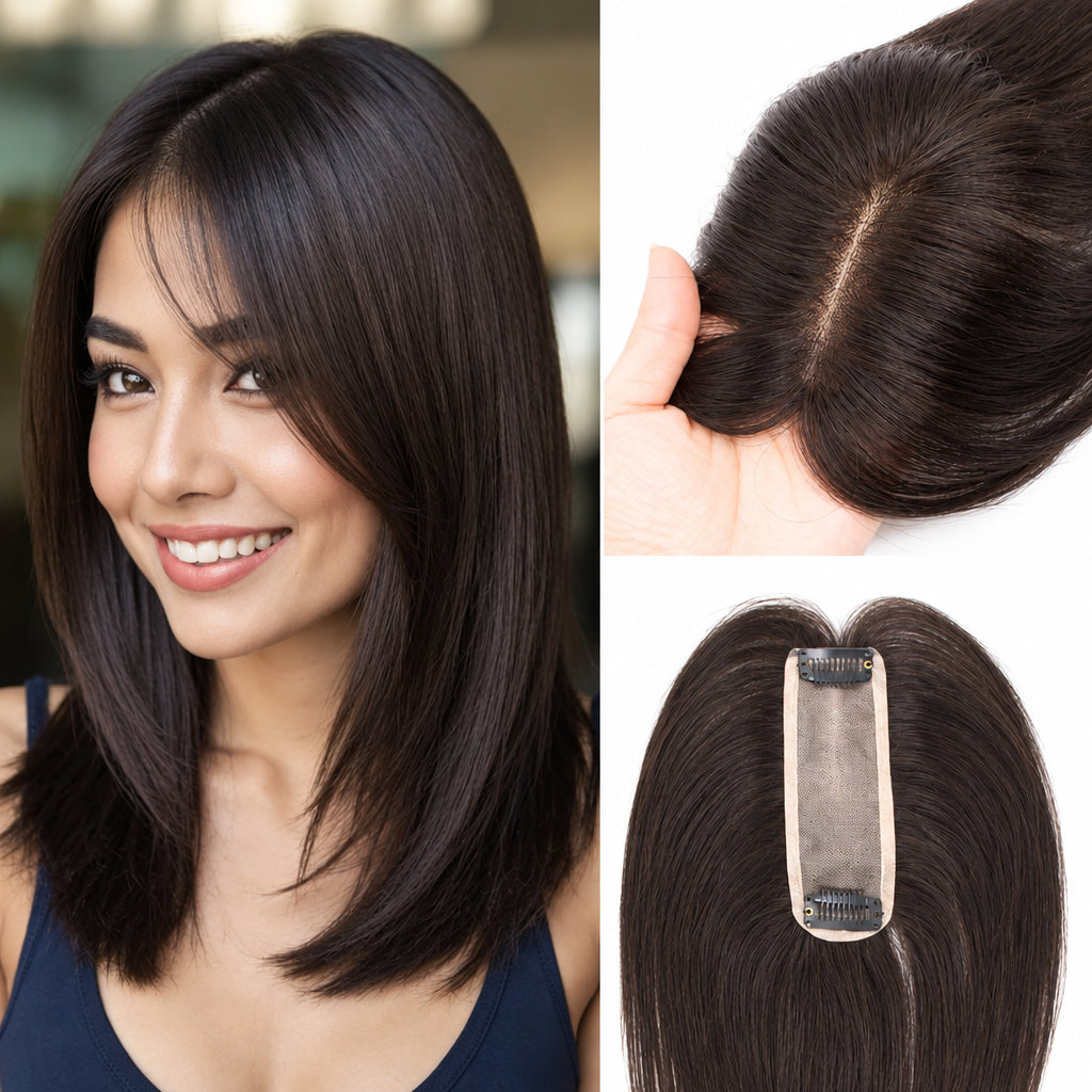 Women's Straight Human Hair Topper — 4 × 13 cm Mono & PU Base
