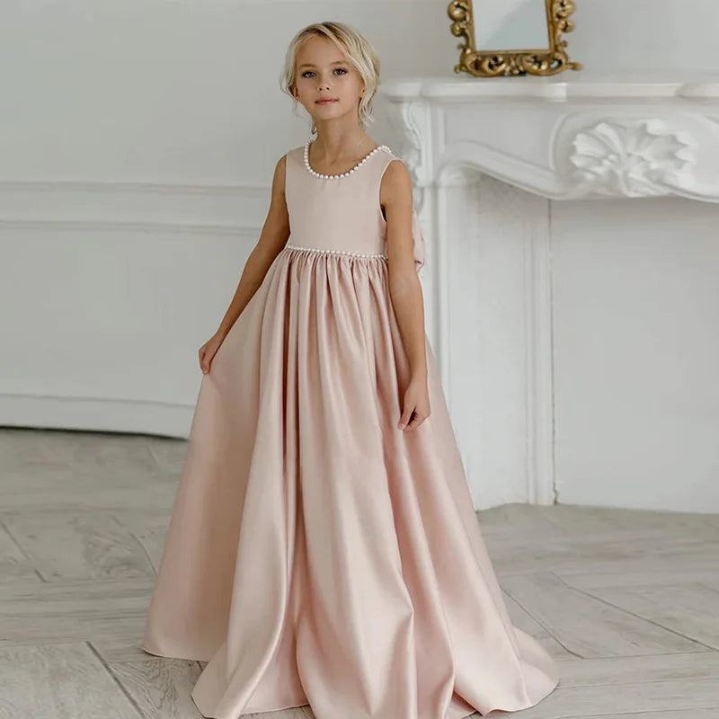 Girls Elegant Dress White Wedding Bridesmaid Prom Gown Big Bow Girls Party Dress Kids First Communion Formal Evening Vestidos