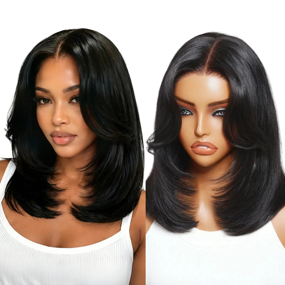 Layered Cut Straight Bob Wig with Curtain Bangs — Glueless 7x5 Lace, Human Hair