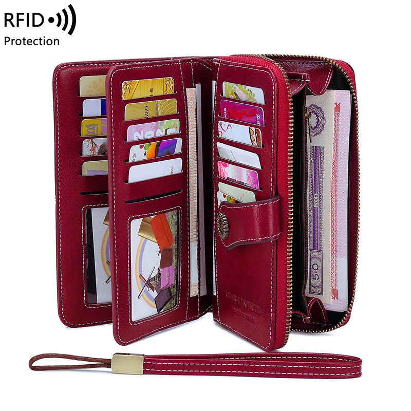 RFID anti-theft brush Retro large capacity long wallet Multi-card women's wallet Multi-function zipper wallet with wrist strap