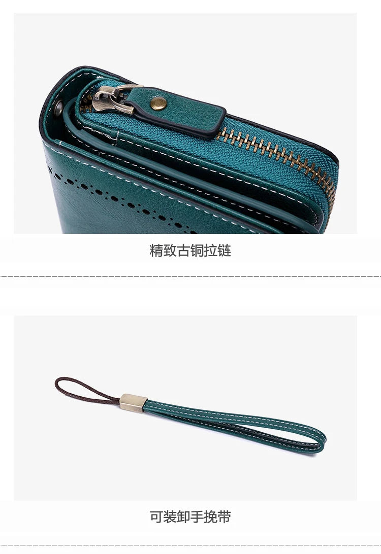 RFID anti-theft brush Retro large capacity long wallet Multi-card women's wallet Multi-function zipper wallet with wrist strap