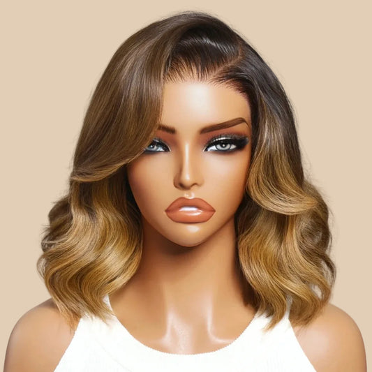 Brown With Honey Blonde Highlights Wavy Bob Wig | Glueless Lace | 100% Human Hair