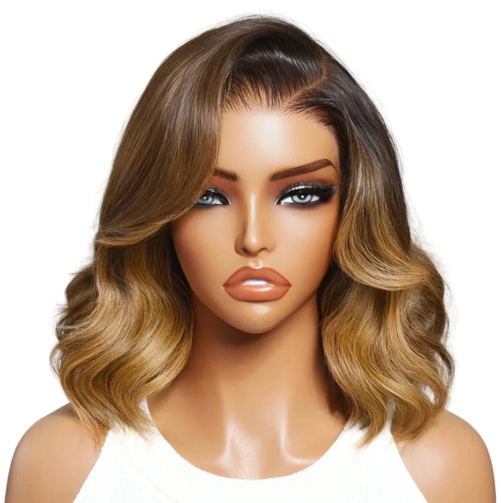 Brown With Blonde Highlights Wavy Bob Wig | Face-Framing Layers Side Part 7x5 & 13x4 Lace Glueless Human Hair