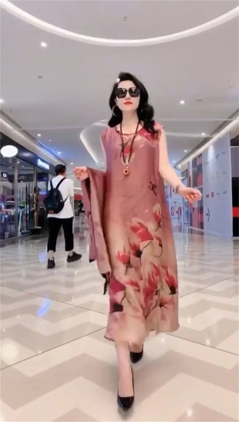 Elegant Printed Chiffon Dress Two-Piece Set
