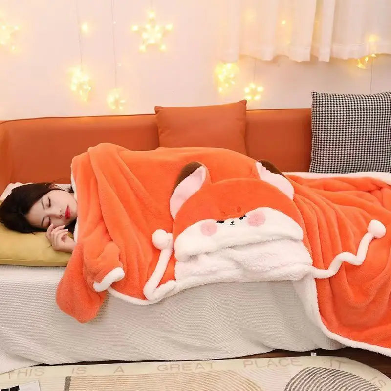 Winter Cartoon Fox Wearable Blanket Cloak — Cozy Shawl Nap Blanket