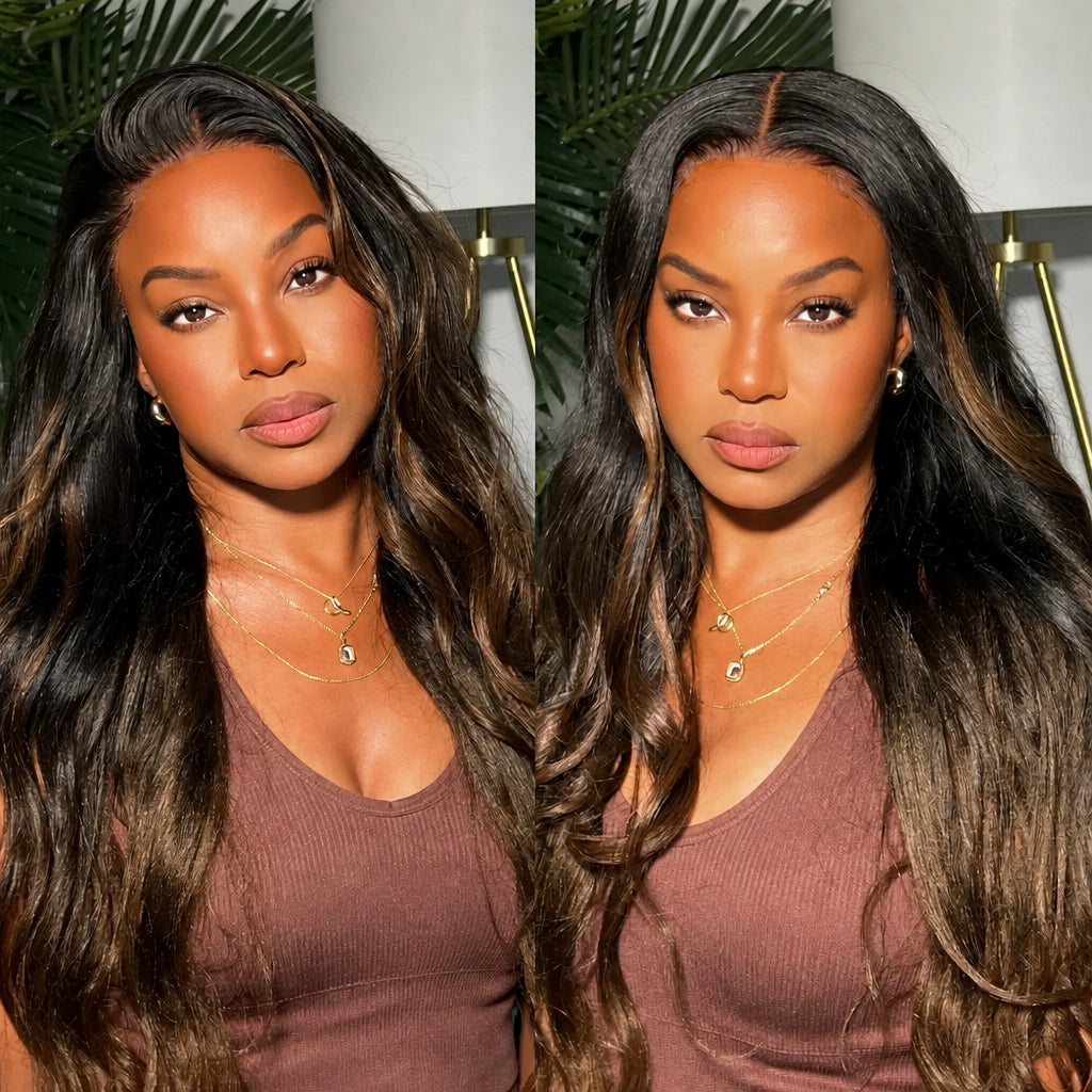 Chestnut Brown Ombre Yaki Straight Wig – 7x5 No-Slip Lace, Glueless with Drawstring