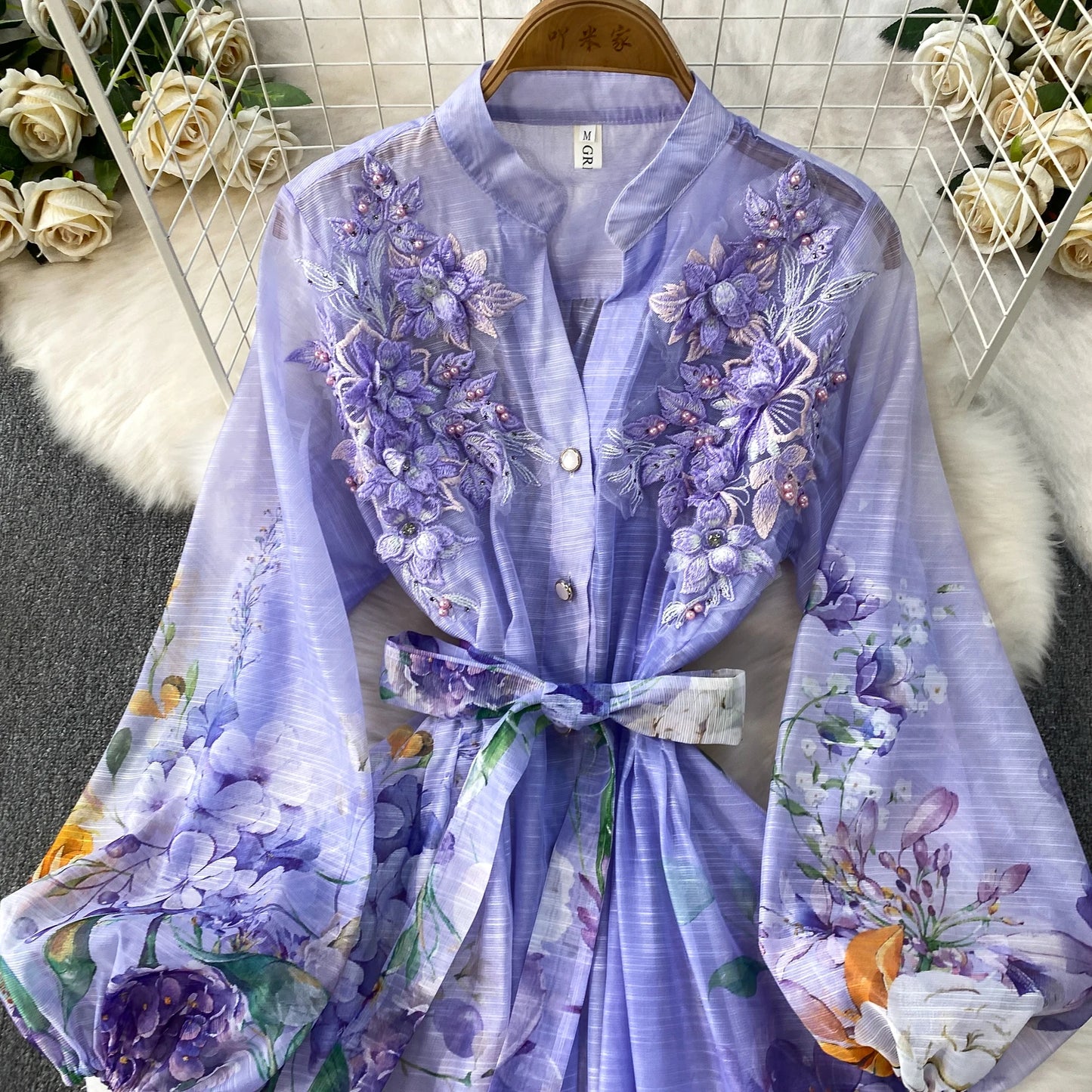 Elegant French Style round Neck Long Sleeve Dress Women's Spring Autumn Heavy Work Floral Embroidery A-Line Skirt Dress