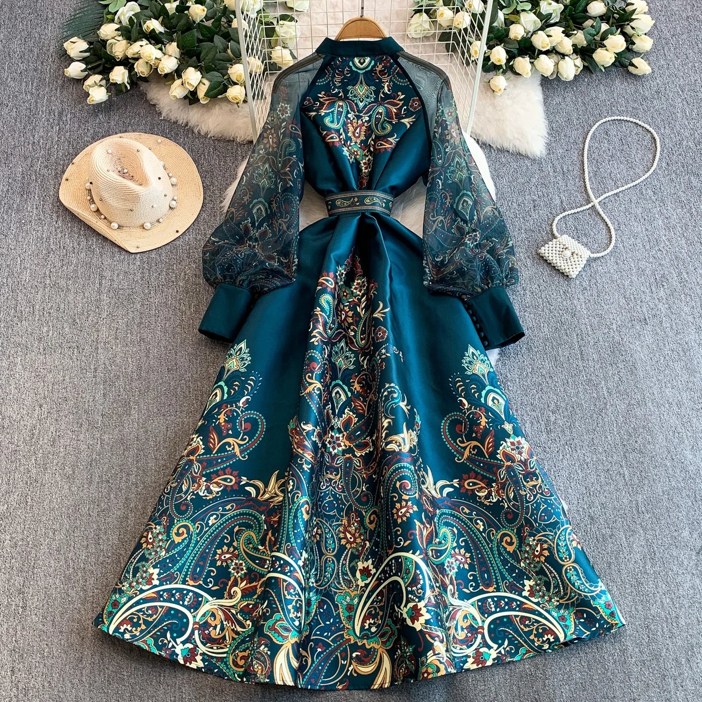 Elegant European Court Style Vintage Mesh Splice Print Lantern Sleeve Long Dress Women's Waist Cinching Slimming Maxi Gown