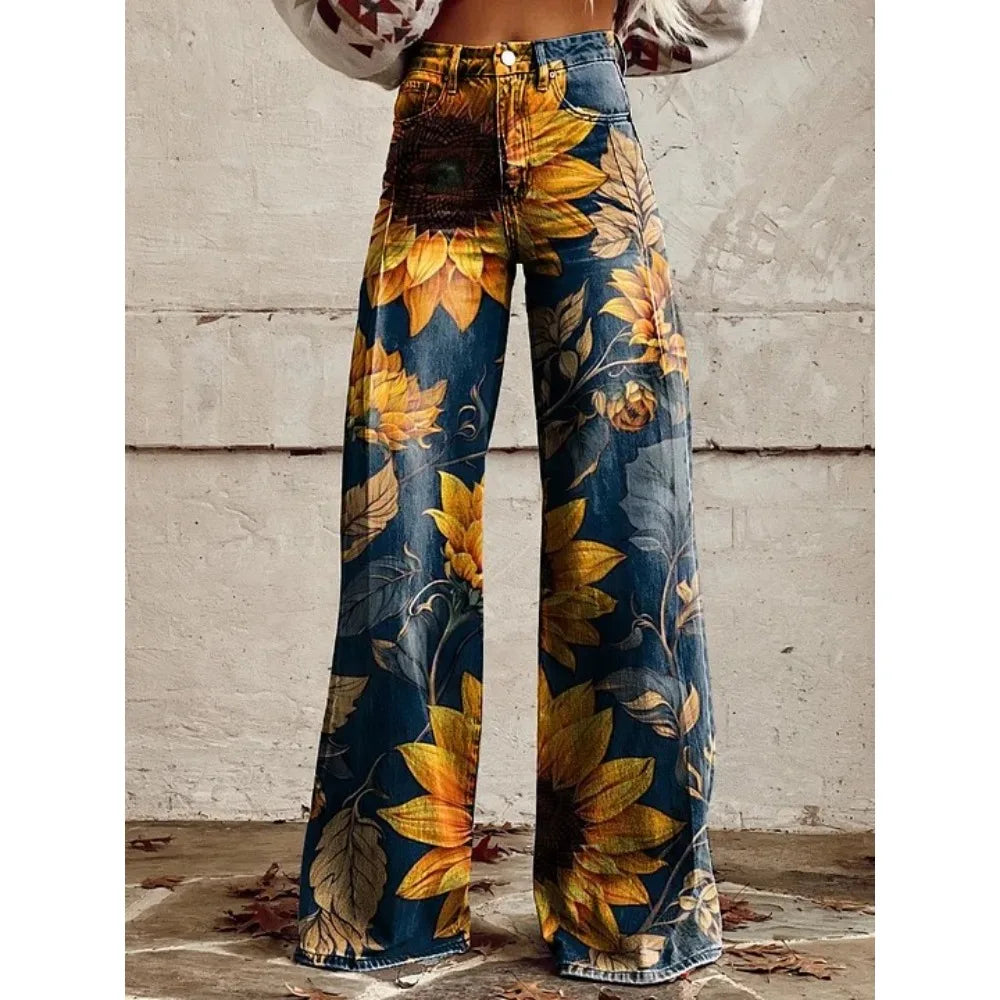 Women's Boho Floral High Waist Wide Leg Pants — Vintage Y2K Loose Trousers