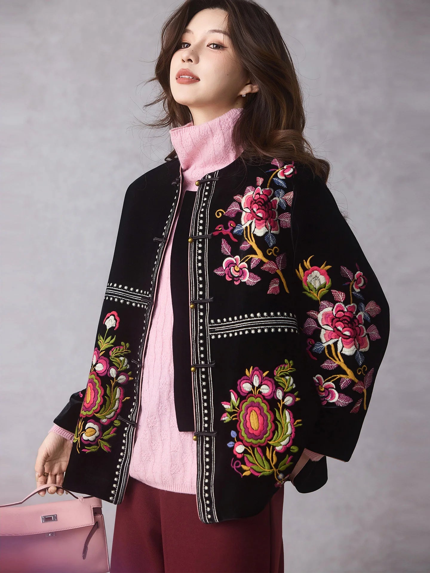 Women's Black Embroidered Velvet Jacket — Chinese Floral Style