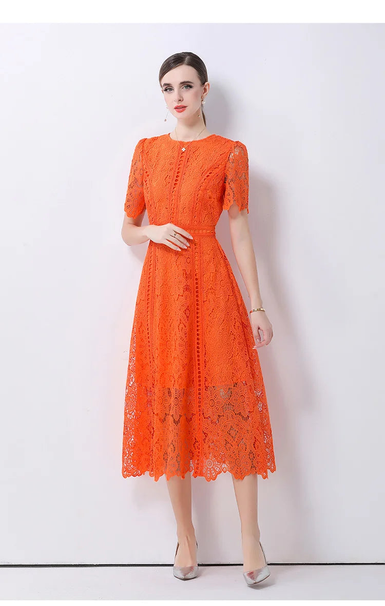 Women's Vintage High-End Lace Hollow-Out Long Dress — Slim Elegant Summer Gown