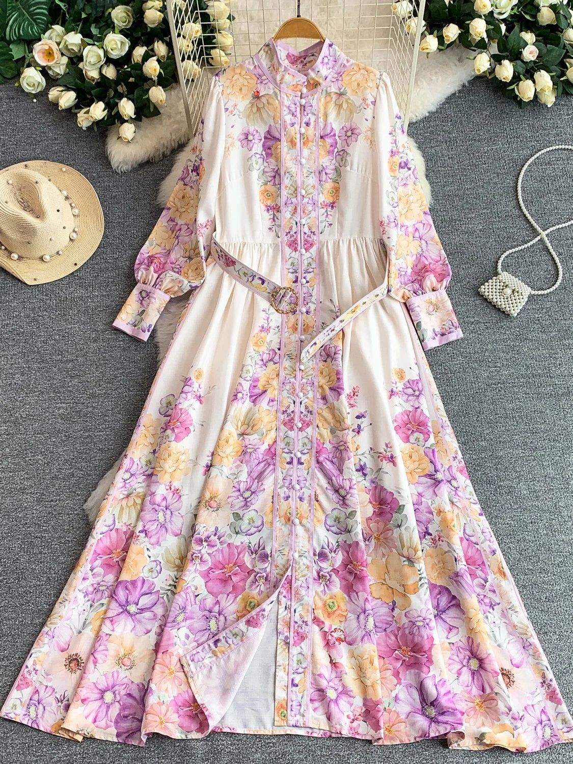 Women's Romantic Print Lantern Sleeve Dress — Belted Split Maxi