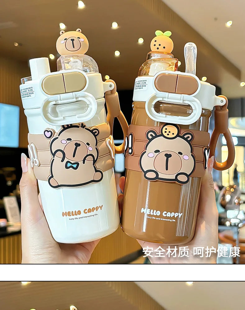 Capybara Stainless Steel Water Bottle — 520ml Vacuum Insulated with Straw