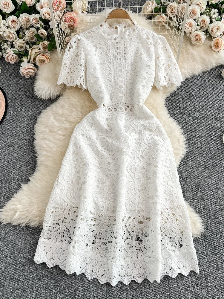 Women's French Style Hollow-Out Lace Dress — Waist-Cinched Short Sleeve A-Line