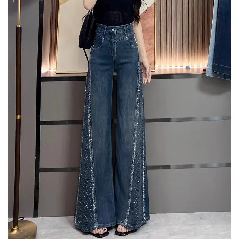 Women's High Waist Bell Bottom Jeans — Rhinestone Retro Denim