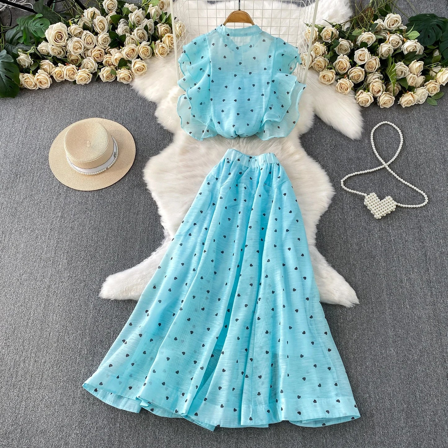 Women's French Style Sweet Chiffon Two-Piece Set — Heart Print Shirt & Flared Skirt