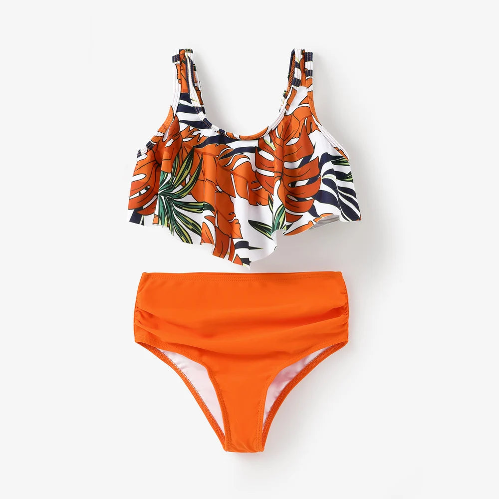 Family Matching Tropical Plant Print Two-Piece Swimsuit & Swim Trunks