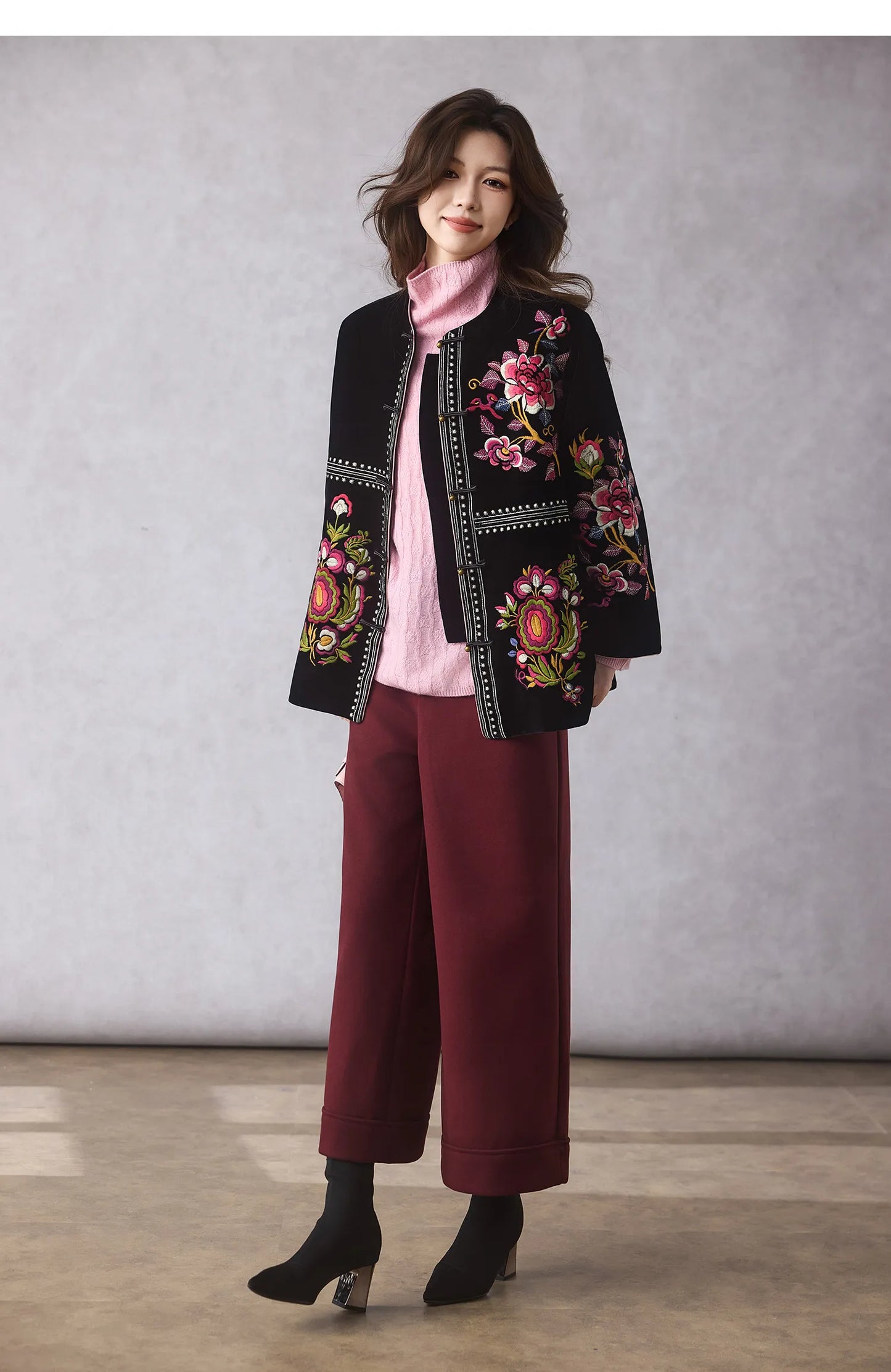 Women's Black Embroidered Velvet Jacket — Chinese Floral Style
