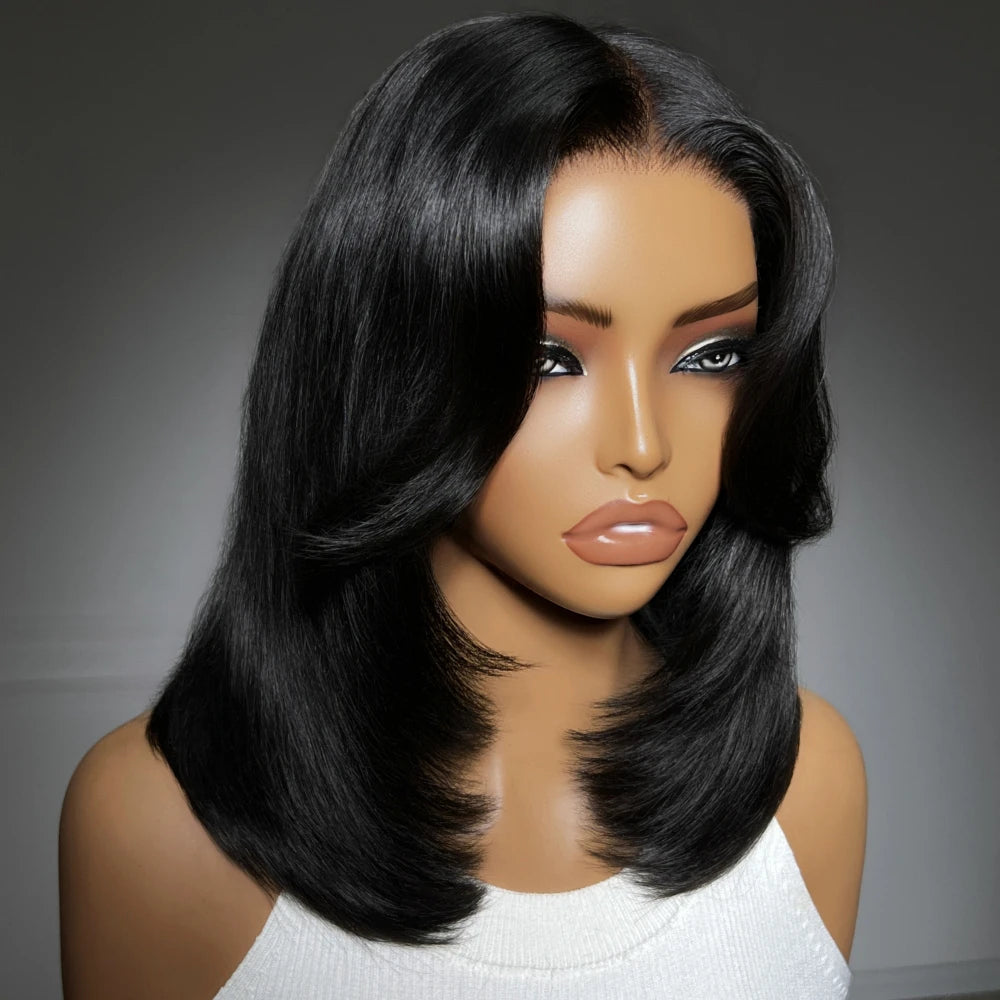 Layered Cut Straight Bob Wig with Curtain Bangs — Glueless 7x5 Lace, Human Hair