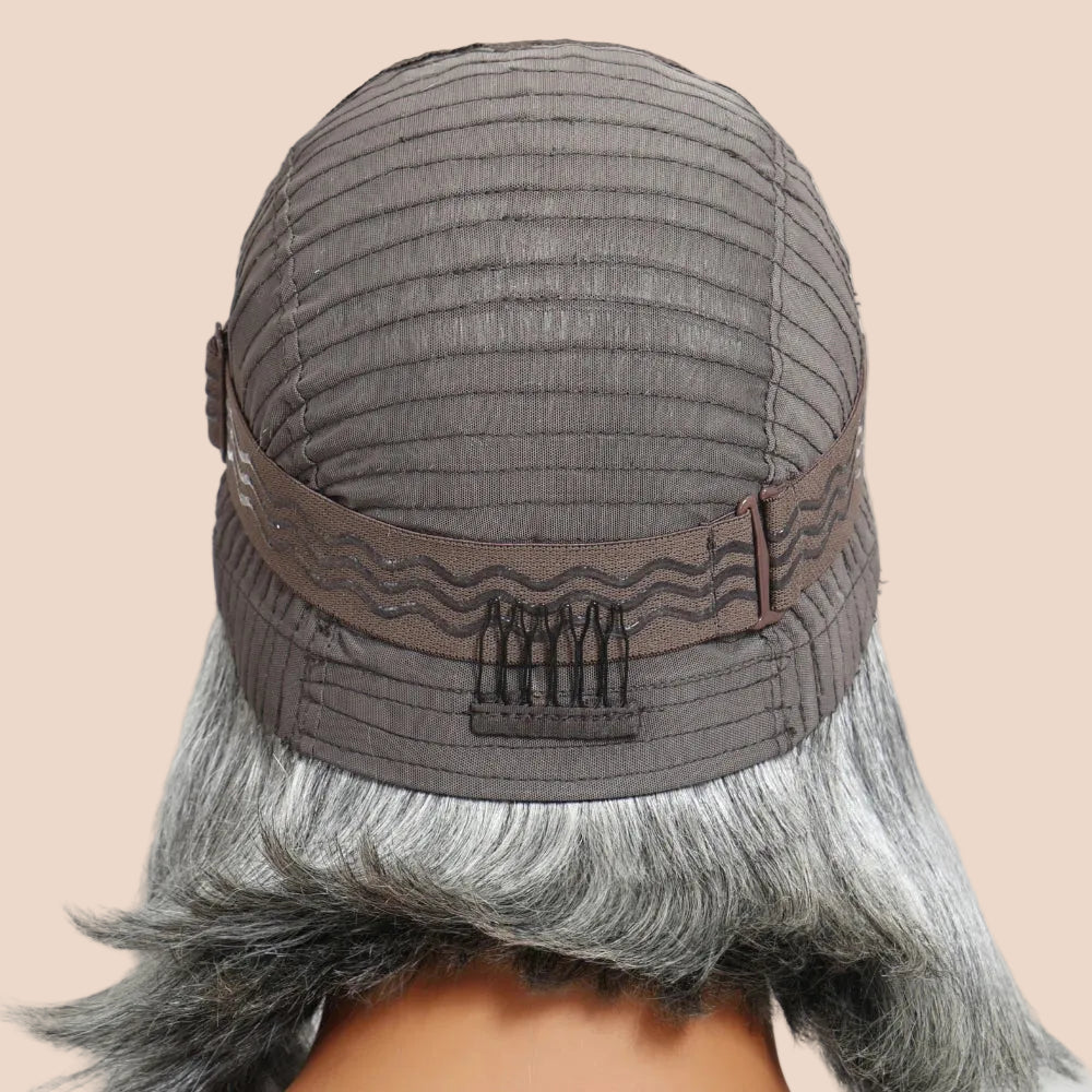 Hair Layered Blowout Salt & Pepper Glueless Human Hair Wig Pre Cut 6.5x1.5 Lace Short Bob Side Part Grey Wig 150% Density