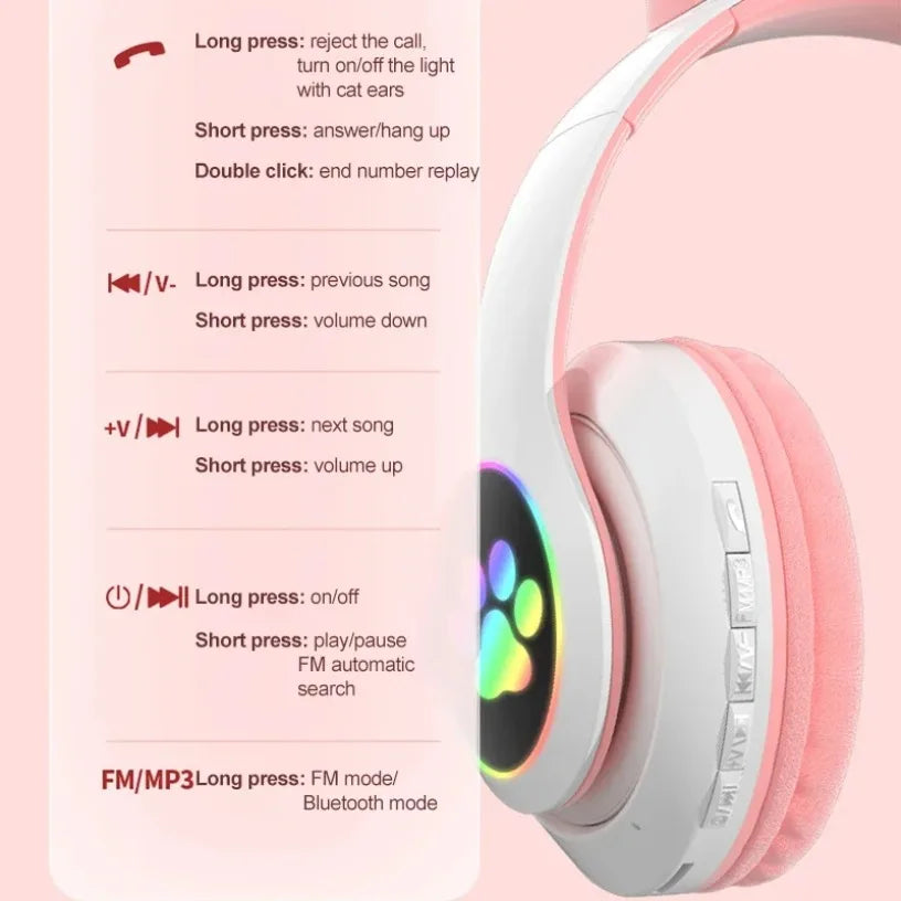 Cat Ears Bluetooth Headphones for Kids – Wireless LED Flash, Mic & TF Card Support