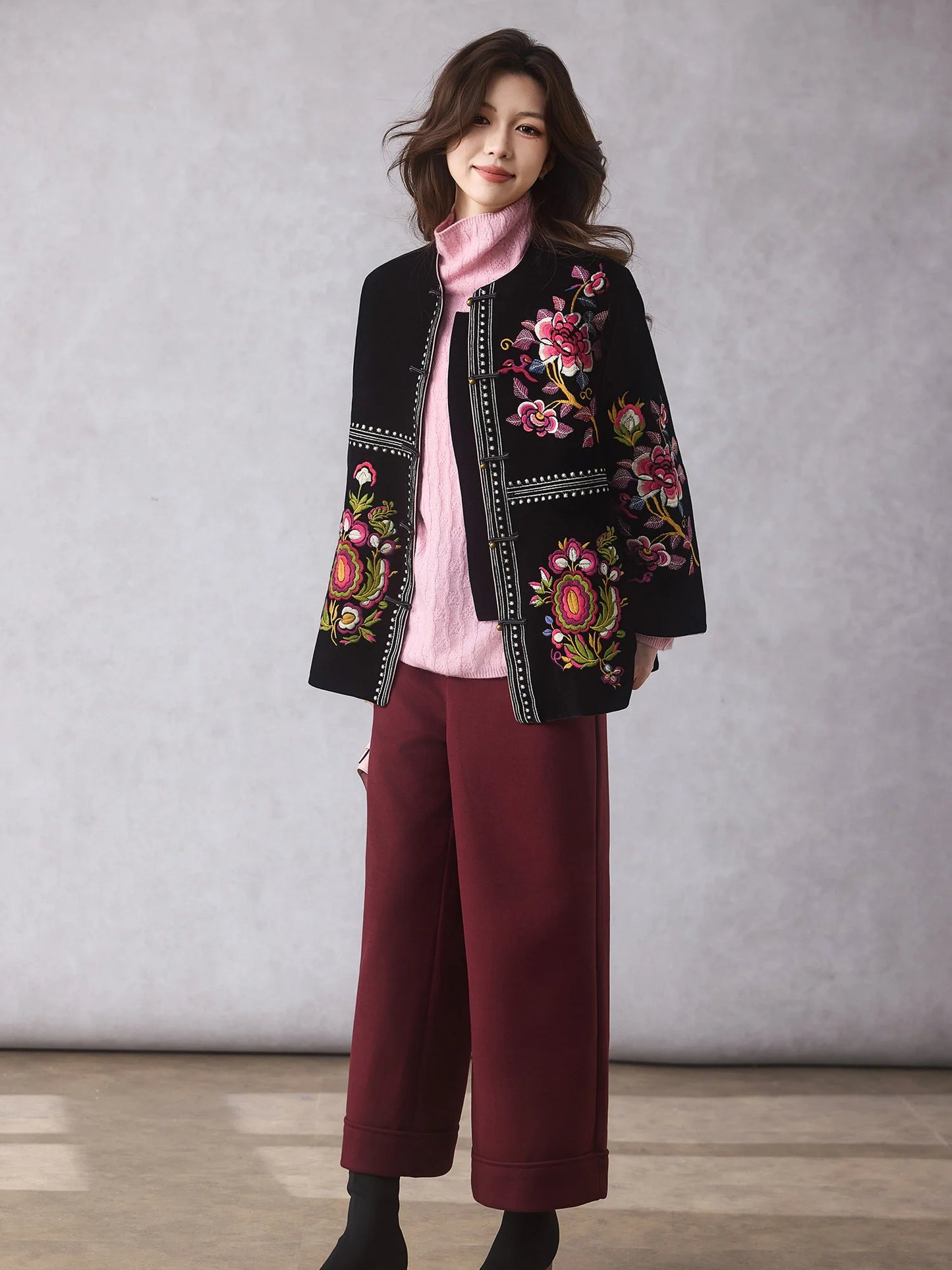 Women's Black Embroidered Velvet Jacket — Chinese Floral Style