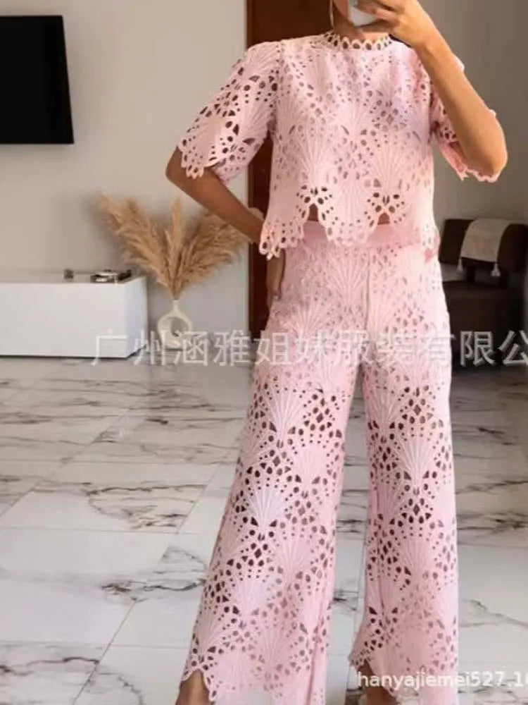 Women's Elegant Lace Embroidery Hollow-Out Two-Piece Set — Short Sleeve Top & Wide-Leg Pants