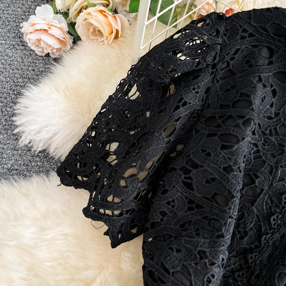 Women's French Style Hollow-Out Lace Dress — Waist-Cinched Short Sleeve A-Line