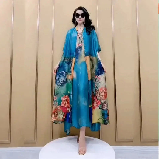 Elegant Printed Chiffon Dress Two-Piece Set