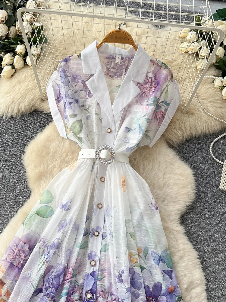 Women's French Countryside Chiffon Printed Dress — Raglan Sleeve A-Line