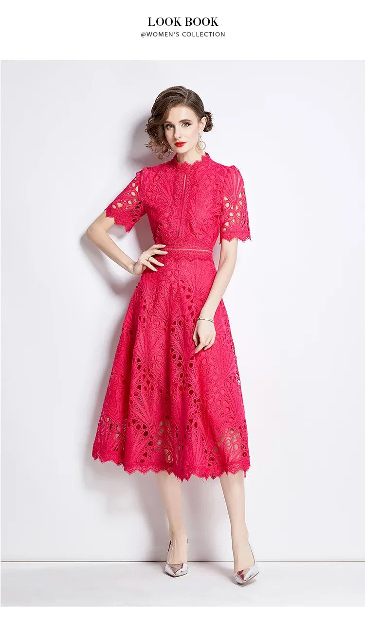 Women's Vintage High-End Lace Hollow-Out Long Dress — Slim Elegant Summer Gown