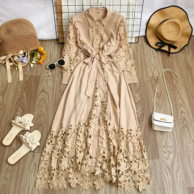 Women's Vintage Lace Bell Sleeve Dress — Waist-Cinching Belt A-Line Gown