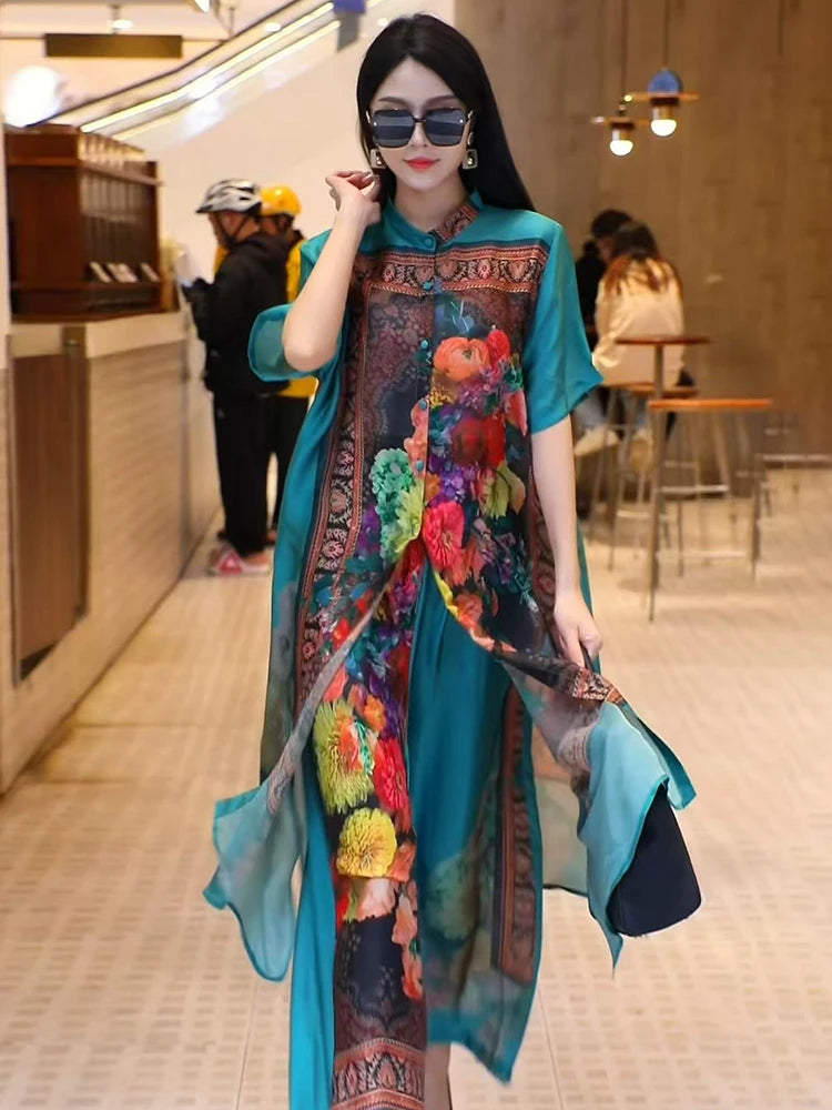 Retro Large Size Floral Print Open Cardigan & Wide Leg Pants Two-Piece Set for Women