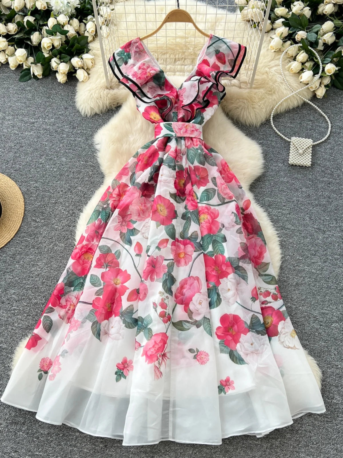 Women's French Elegant Sleeveless V-Neck Printed Dress — Ruffled A-Line Beach Boho